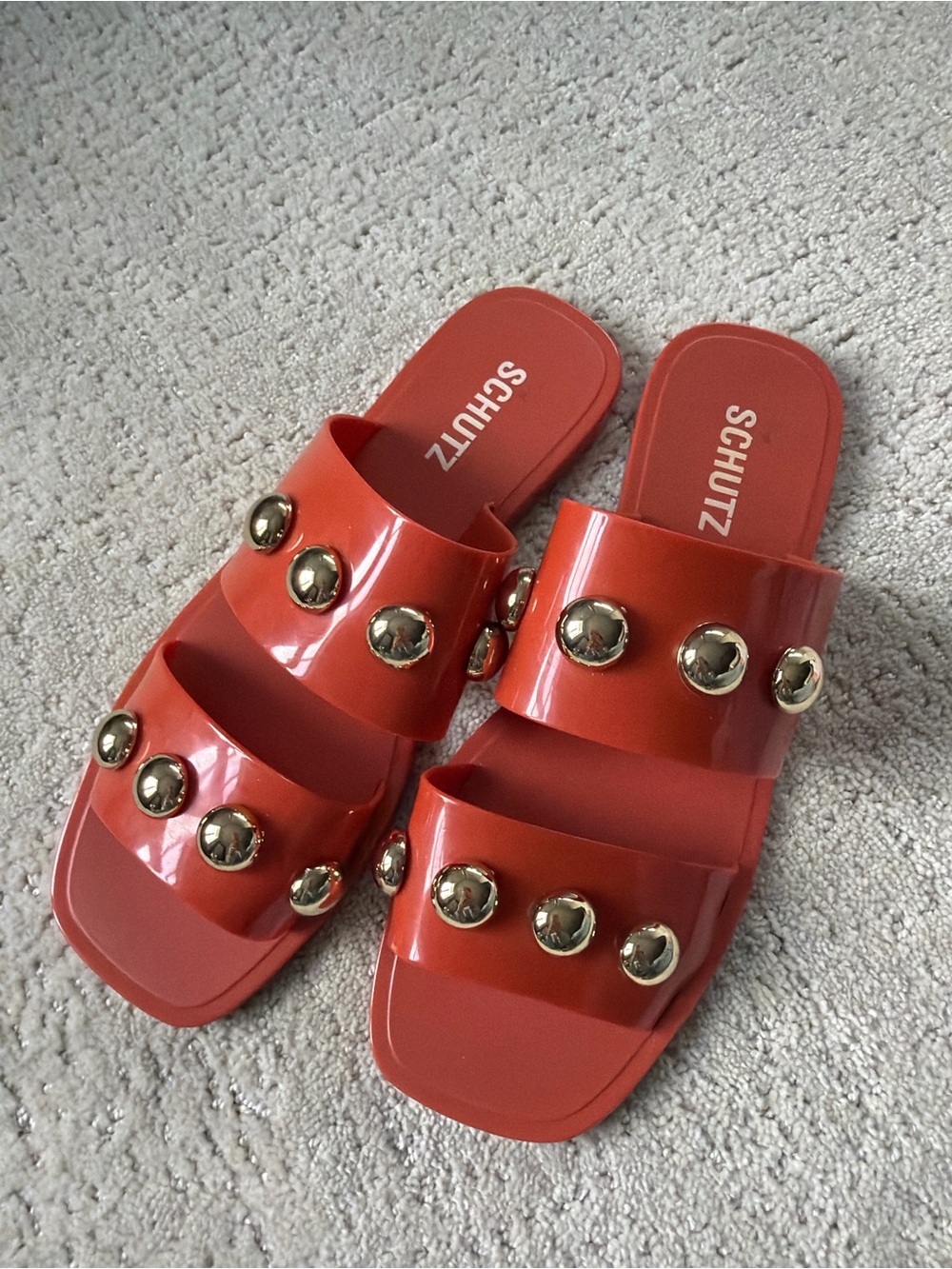 SCHUTZ Orange Patent Slide Sandals with Gold Studs